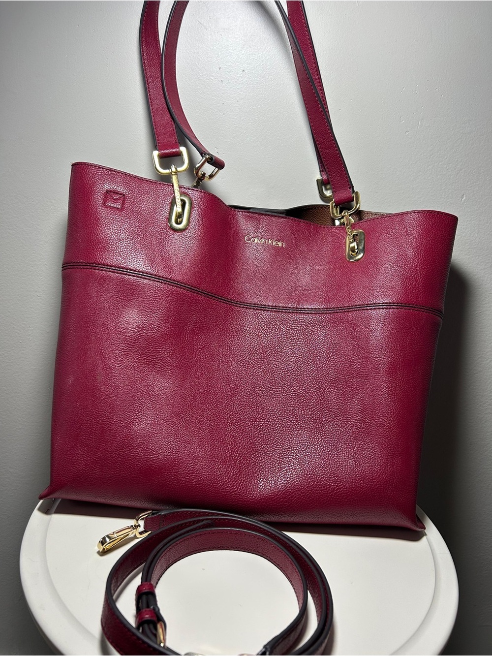 Calvin Klein Wine Pebbled Tote with Gold Hardware